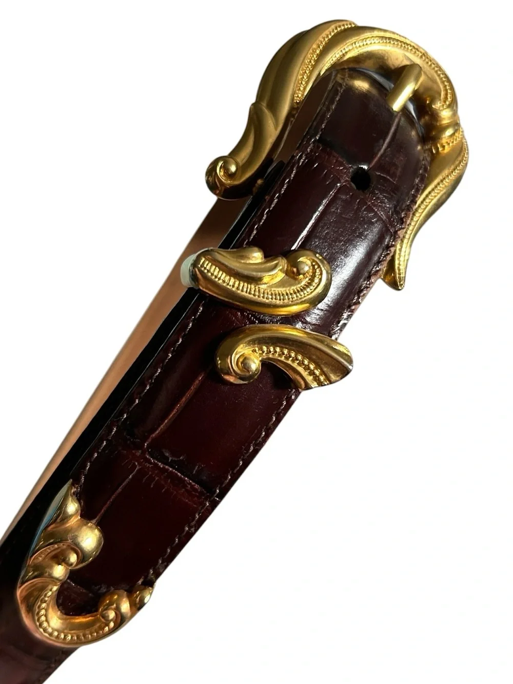 Coldwater Creek Genuine Leather Croc Embossed Brown Belt Gold Scroll Buckle 2X